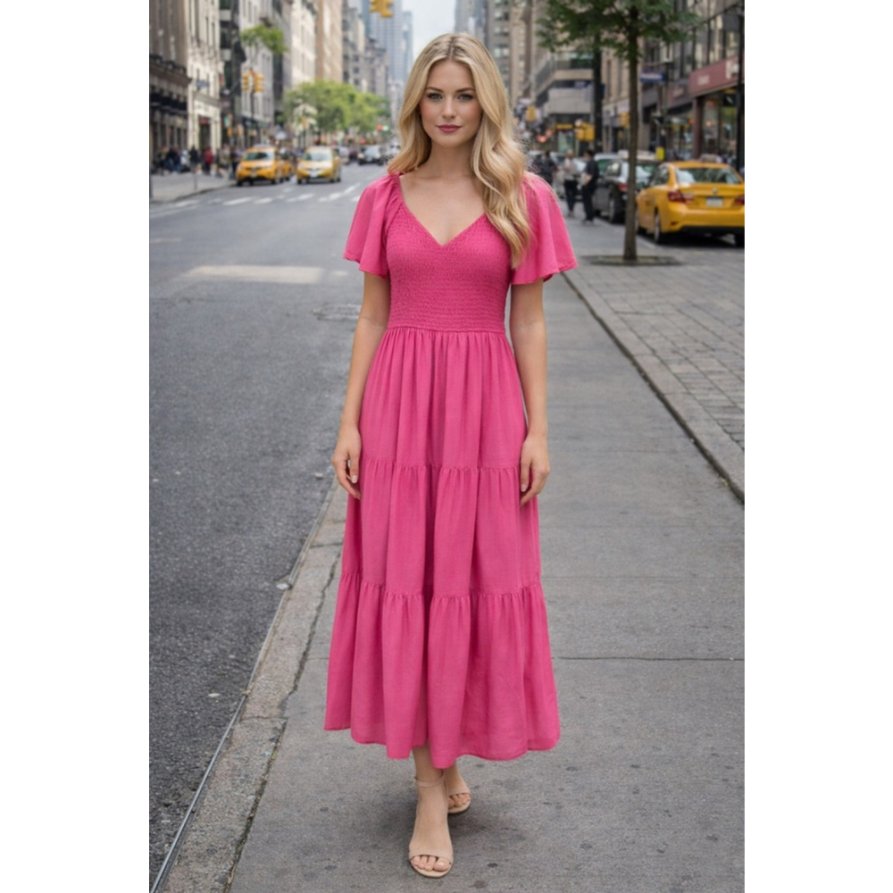 August Sky Pink Smocked Midi Dress Bright Feminine Flutter Coquette Valentines S